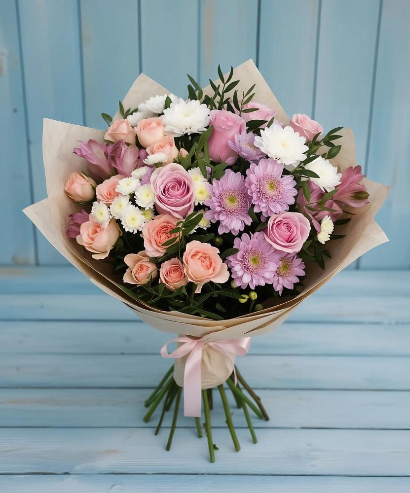 Букет цветов из: Хризантемы, Розы и Альстромерии в Ильинский